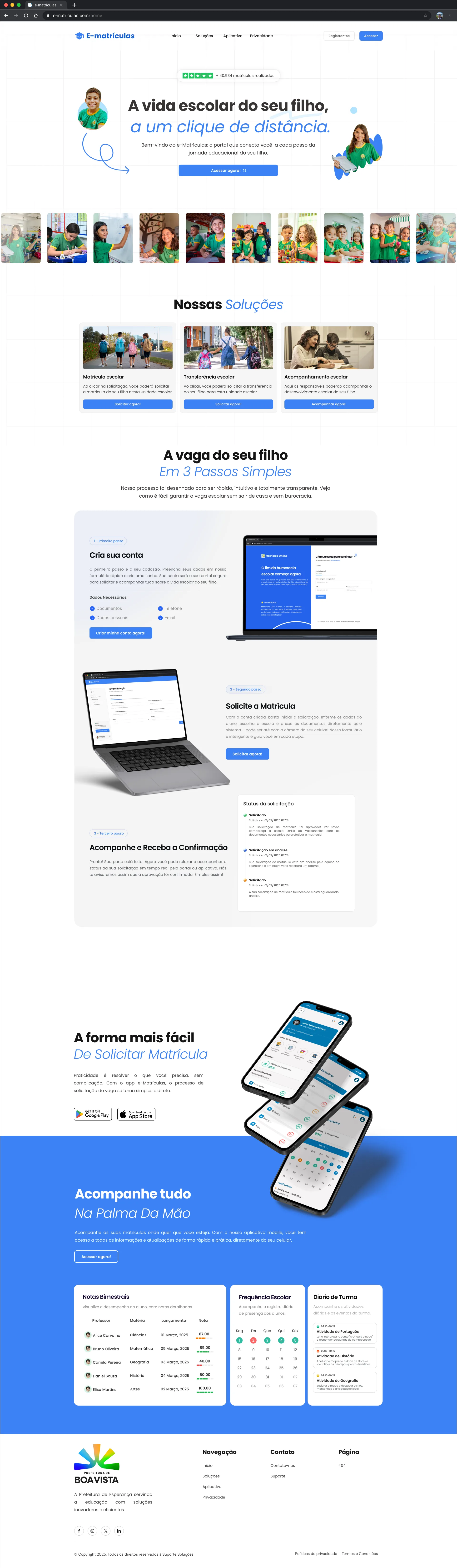 Landing page completa do e-Matrículas