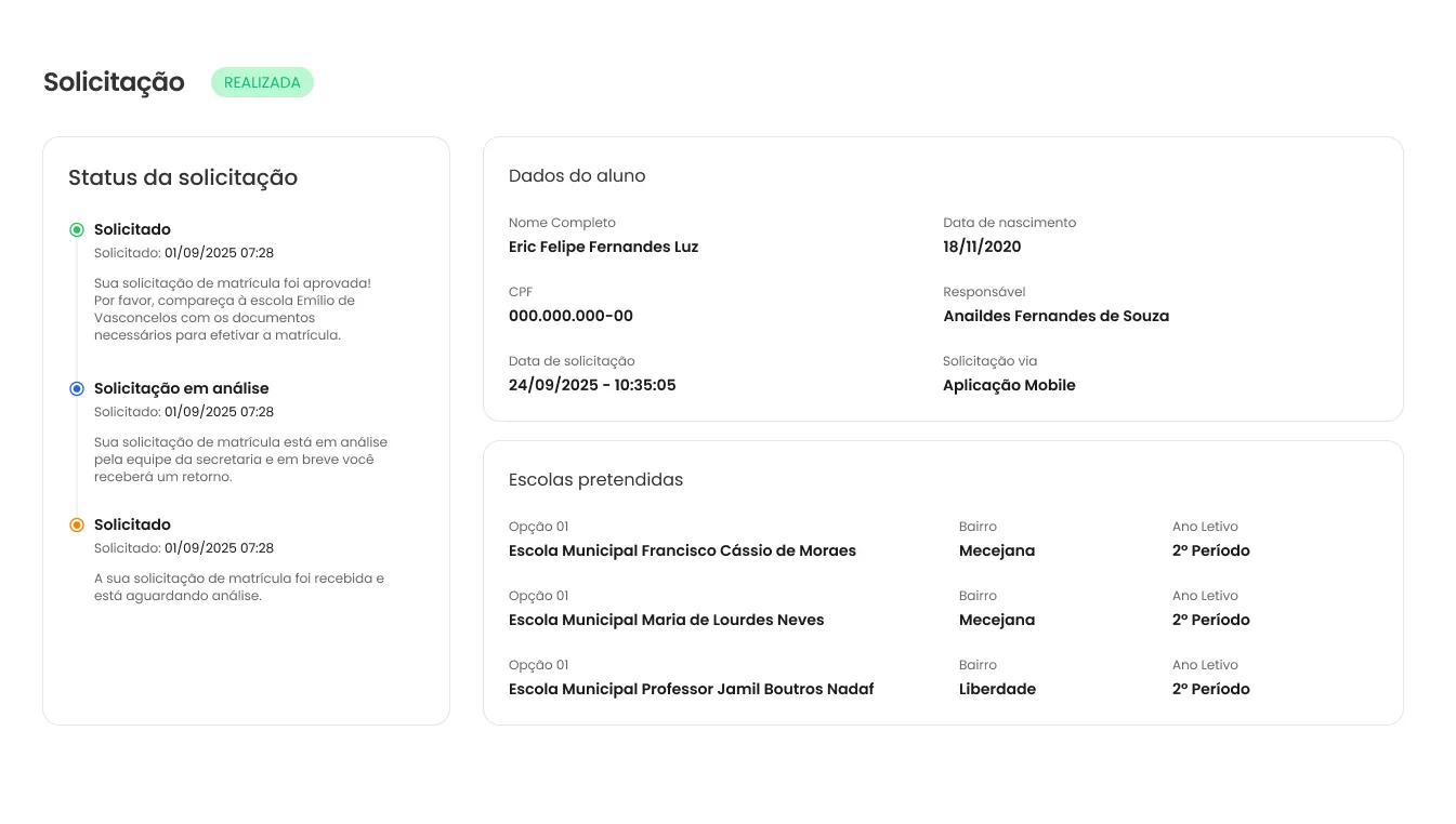 Tela de solicitação completa: status, dados do aluno e escolas pretendidas