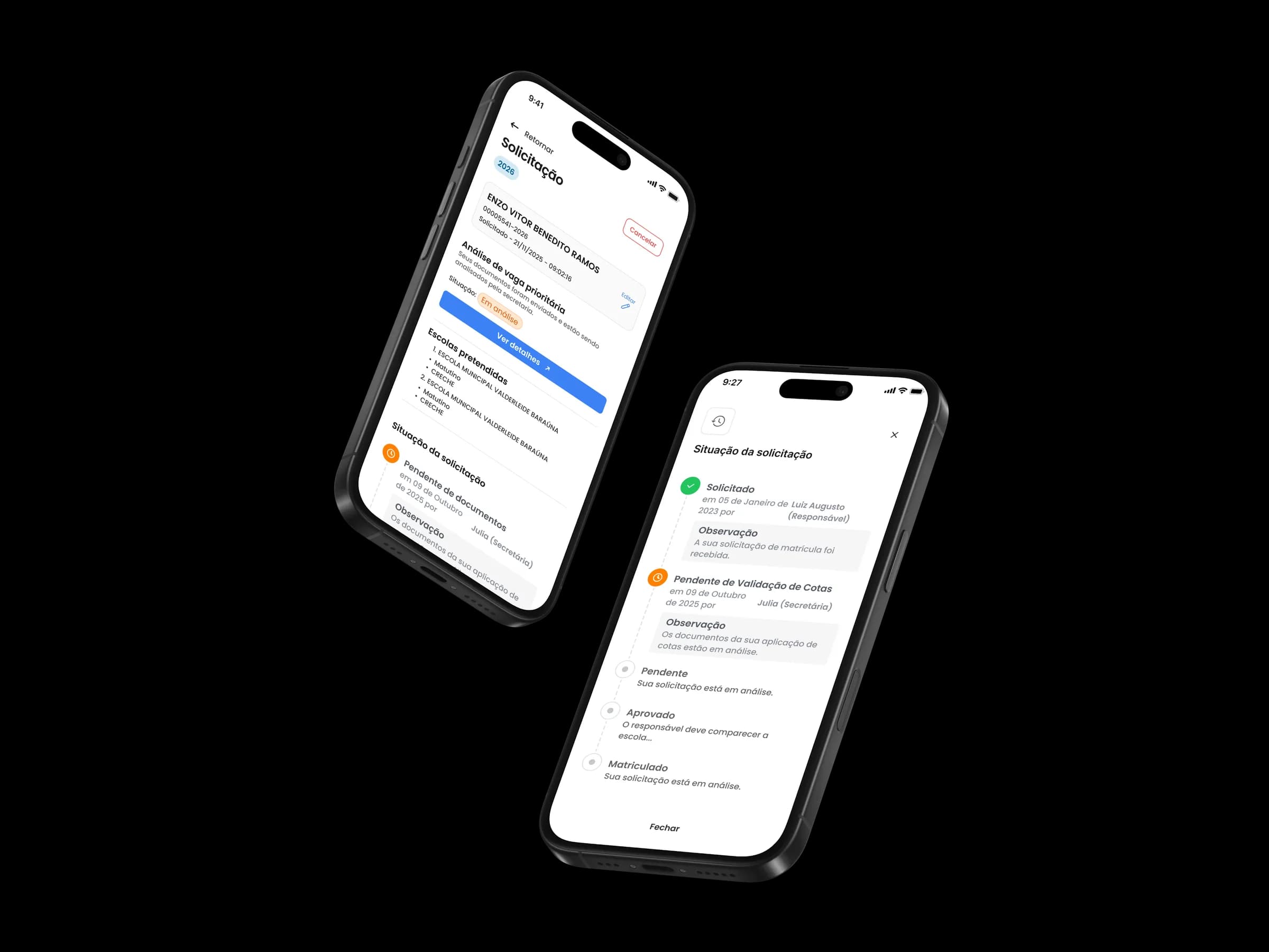 Telas de solicitação e linha do tempo de status no app