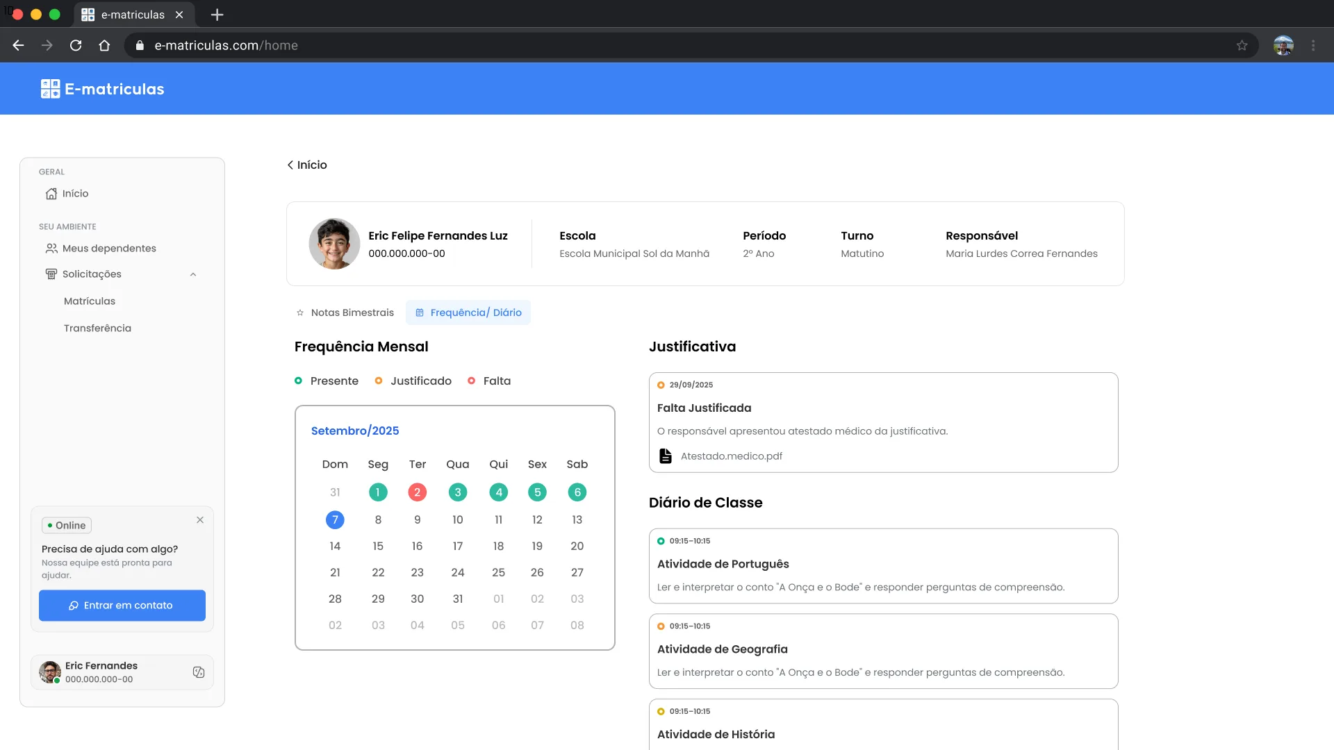 Frequência mensal em calendário e diário de classe