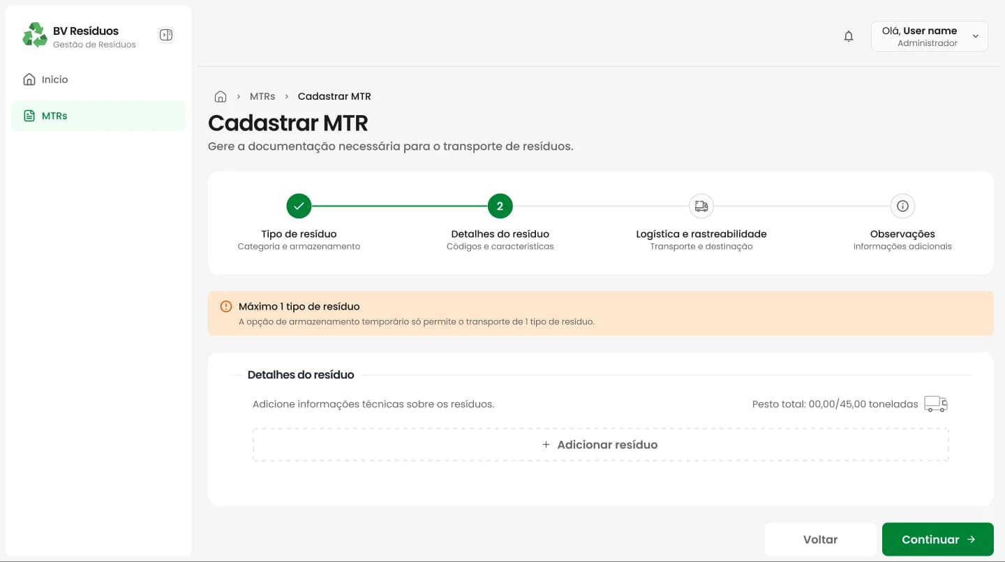 Etapa 2 com aviso de no máximo um tipo de resíduo no armazenamento temporário