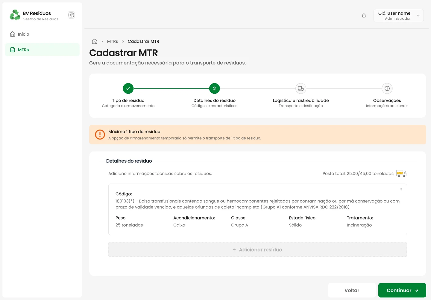 Resíduo adicionado ao MTR com código, peso, acondicionamento, classe, estado físico e tratamento