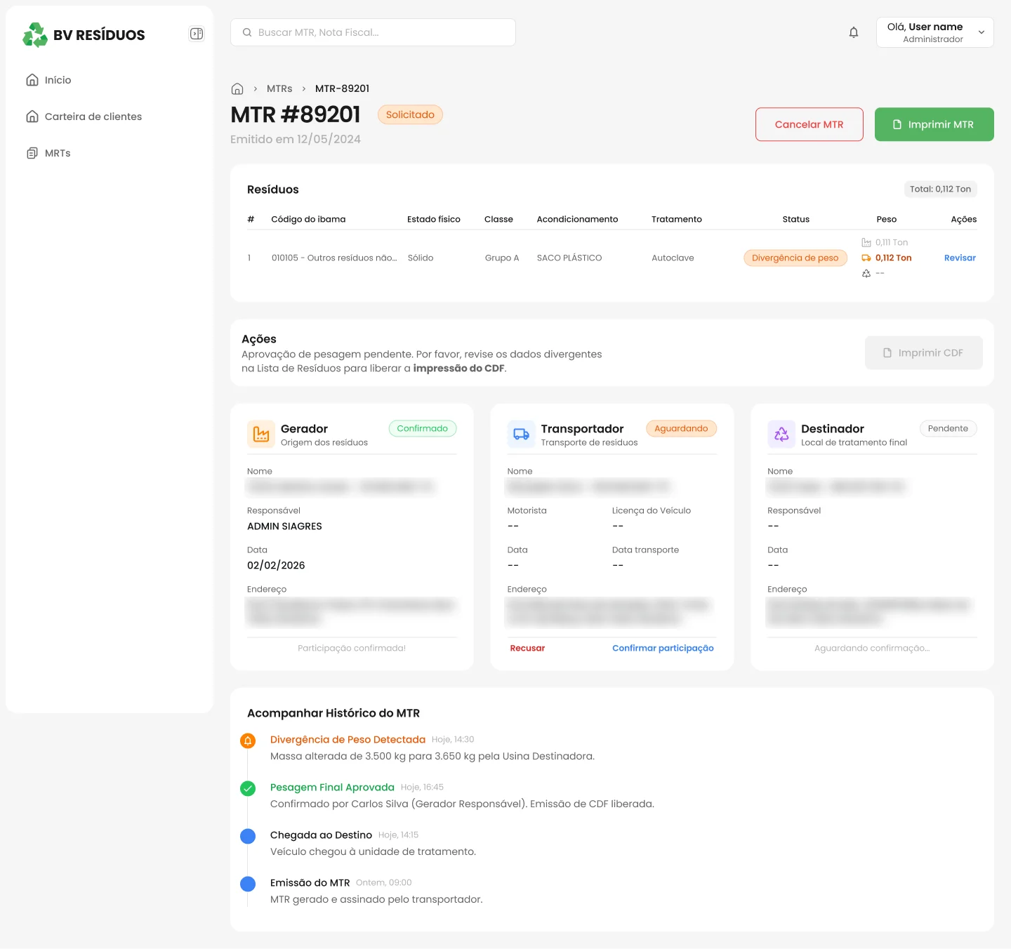 Detalhamento de um MTR no web: resíduos, ações, participantes e histórico