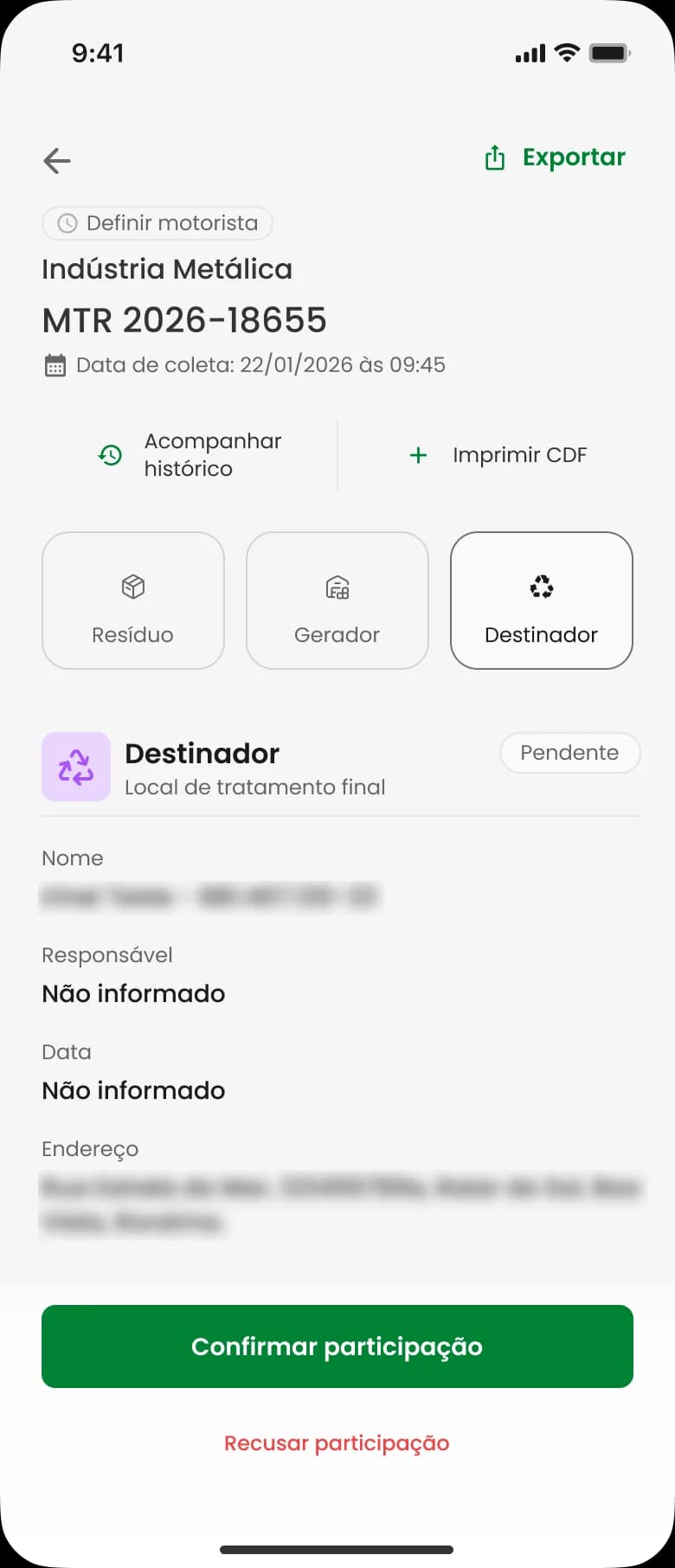 Destinador com status pendente