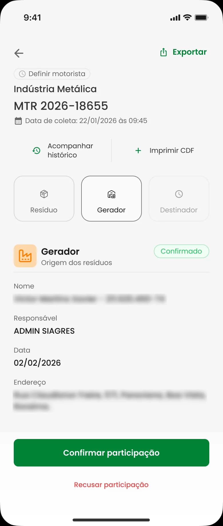 Gerador confirmado, com ações de confirmar ou recusar participação