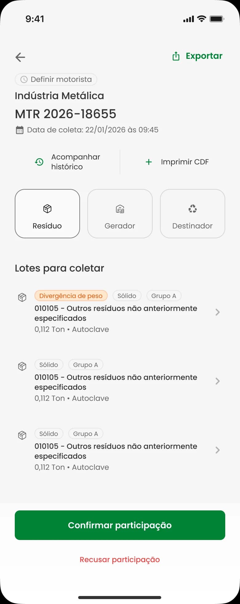 Lotes para coletar com divergência de peso sinalizada