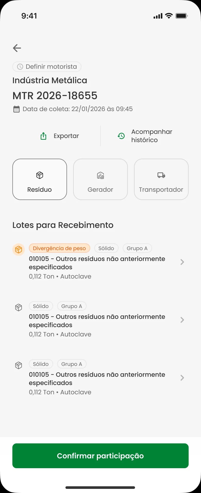 Lotes para recebimento com divergência de peso sinalizada