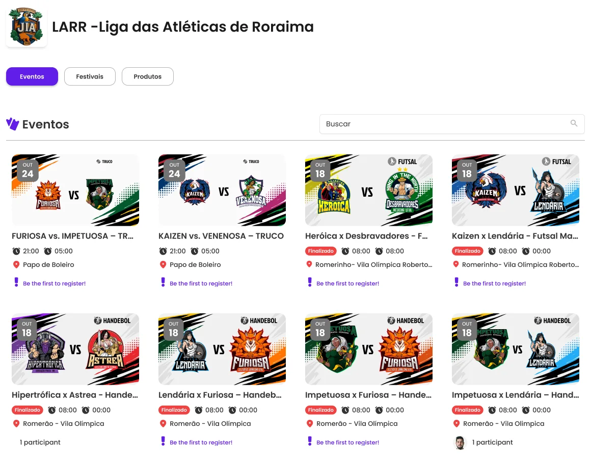Página da Liga das Atléticas de Roraima com os jogos no Eventure
