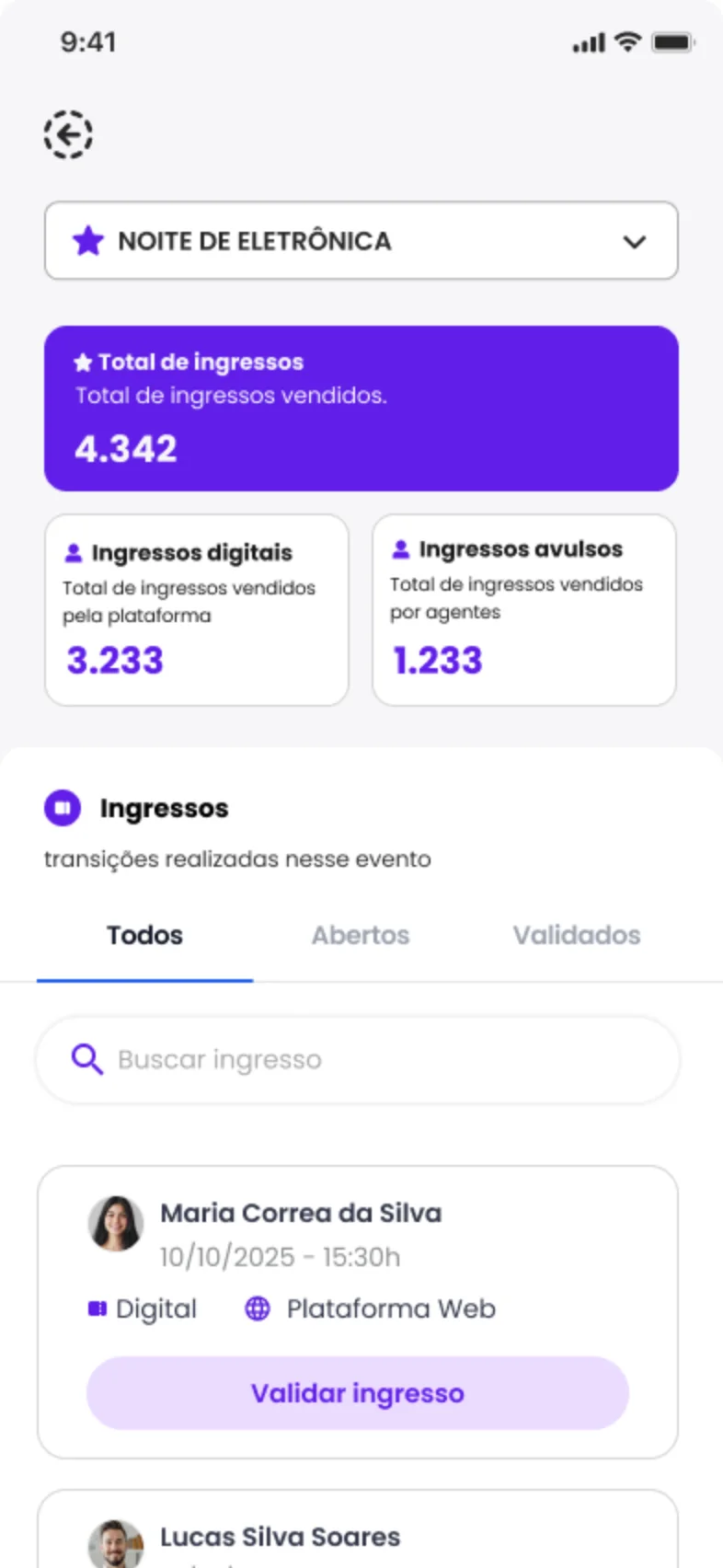 Ingressos digitais e avulsos com ação de validar no centro da navegação