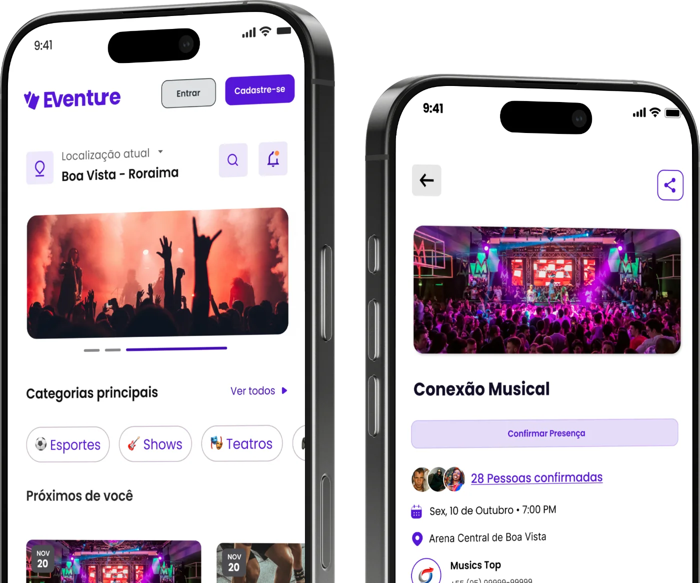 Home do app com localização e categorias, e detalhe do evento Conexão Musical