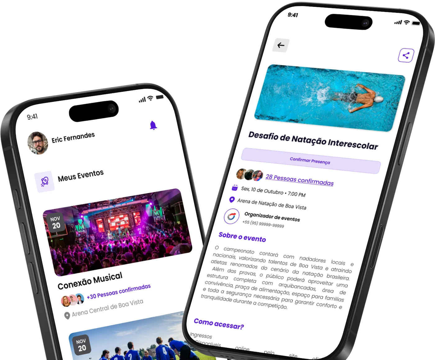 Meus eventos e detalhe do Desafio de Natação com 28 pessoas confirmadas