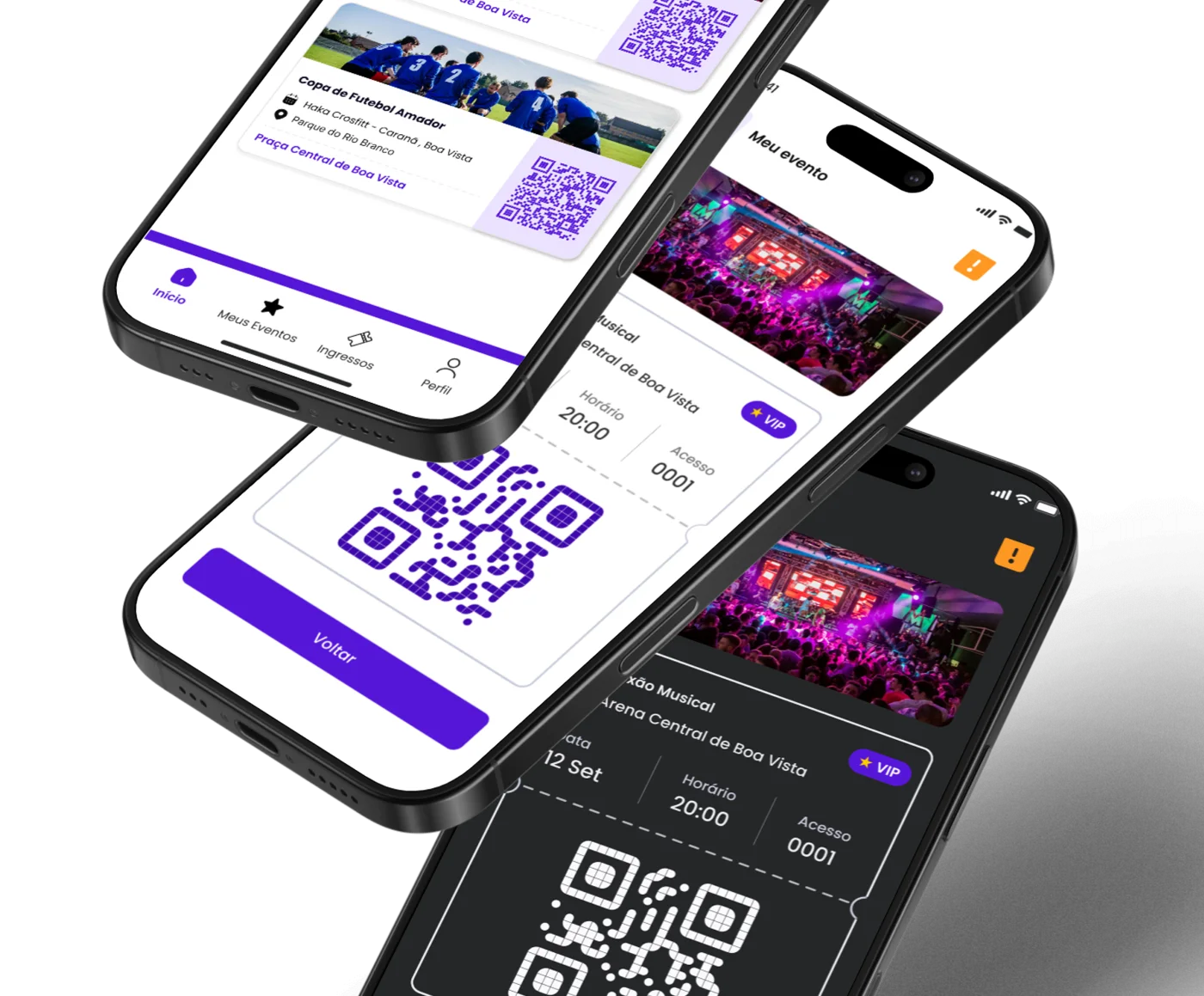 Ingressos VIP com QR Code nos temas claro e escuro