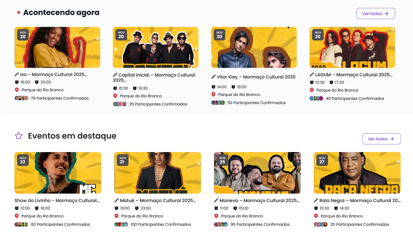 Shows do Mormaço Cultural cadastrados individualmente no Eventure