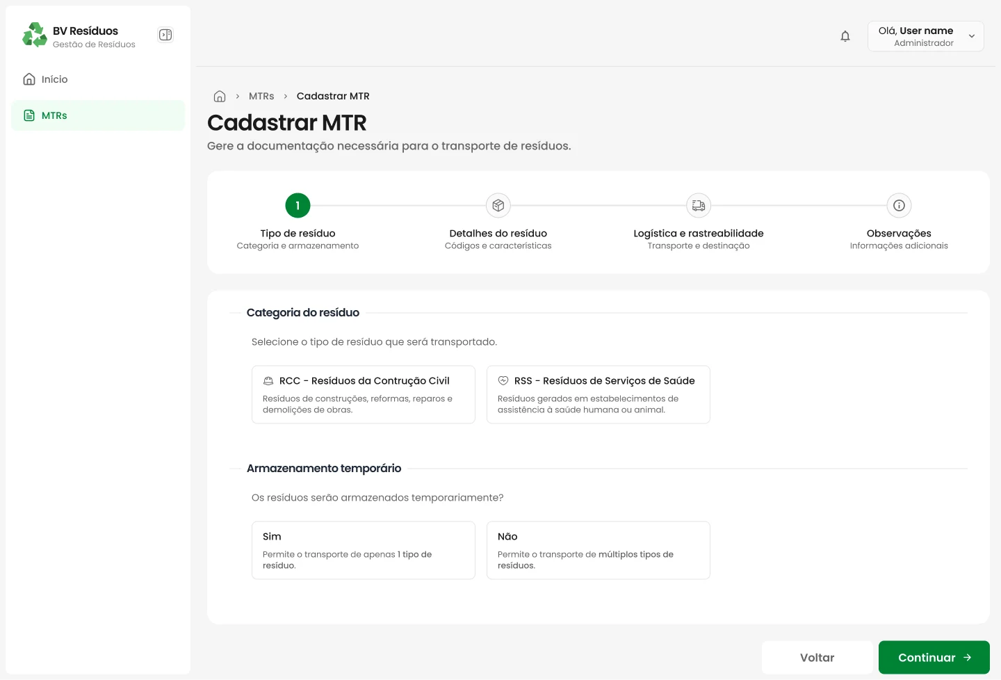 Cadastro de MTR no web, etapa 1
