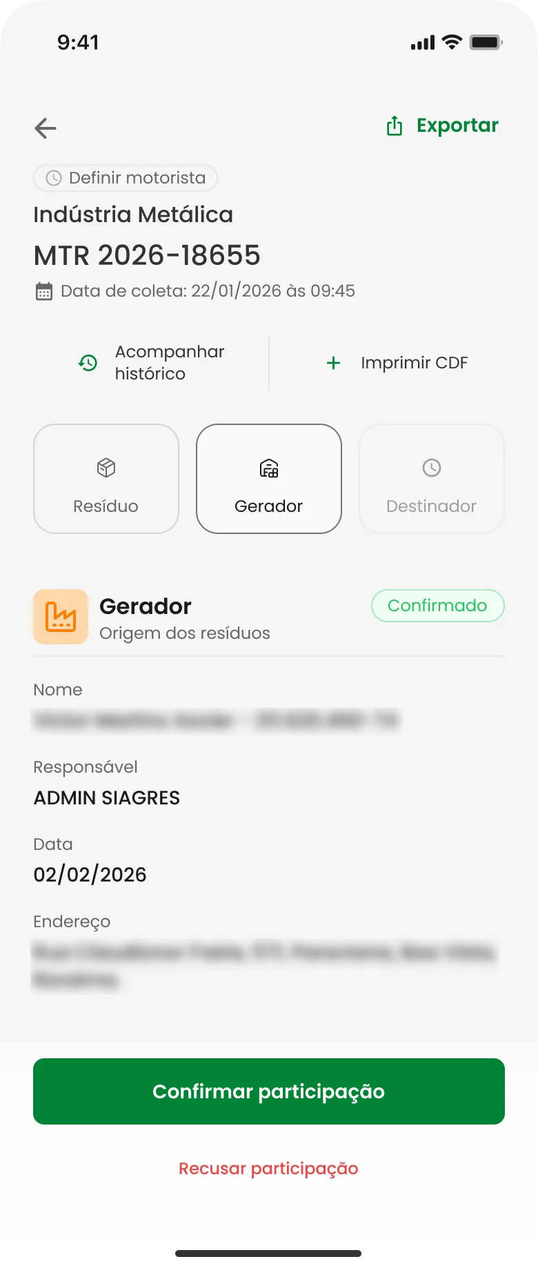 App com gerador confirmado e ação de confirmar participação