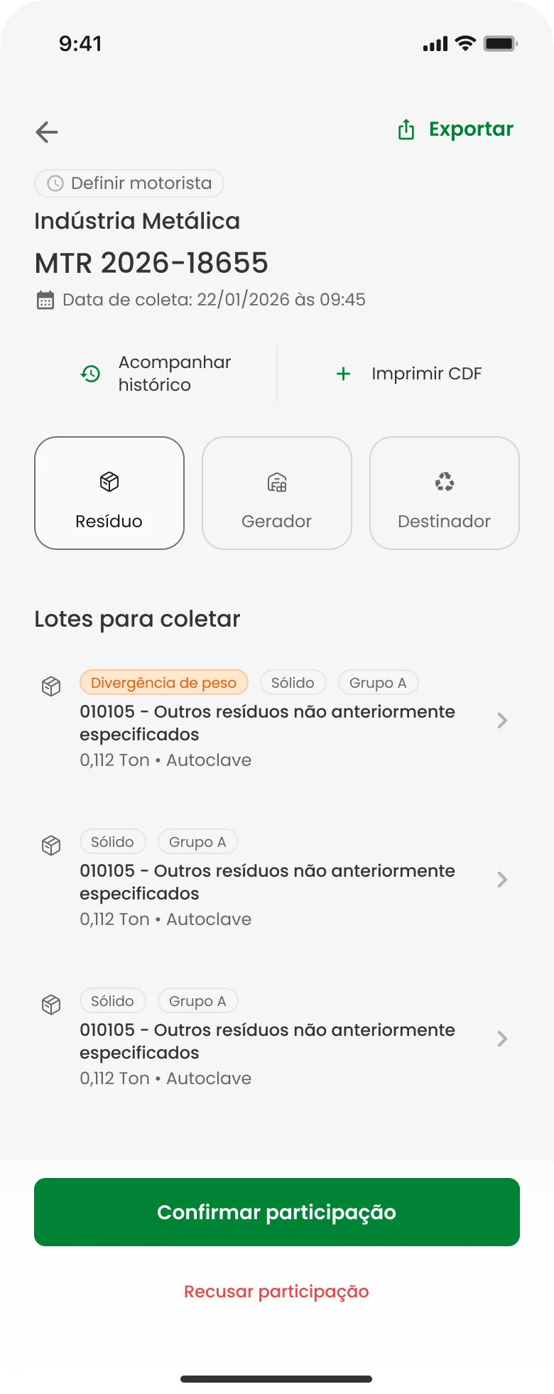 Lista de lotes para coletar no app