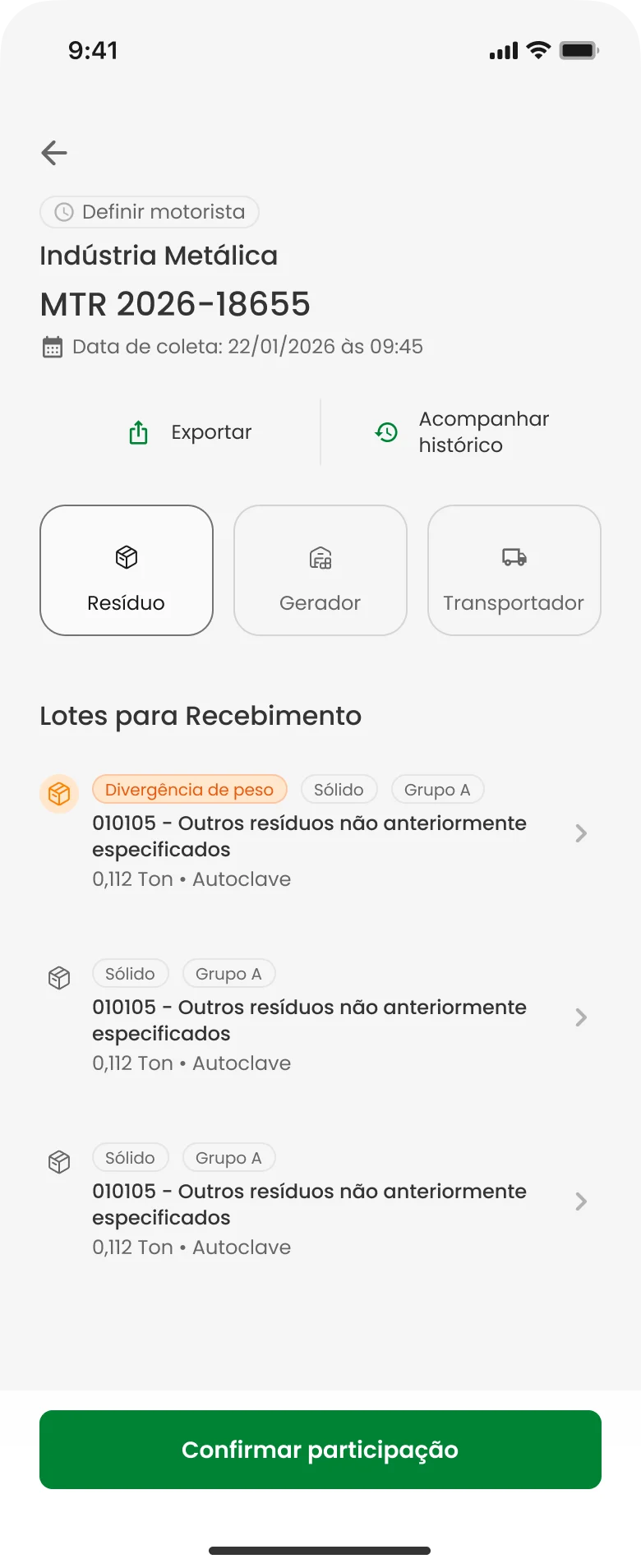 Lista de lotes para recebimento no app